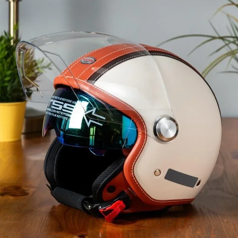 Vintage Open Face Retro Helmet - Casque de moto vintage en cuir,